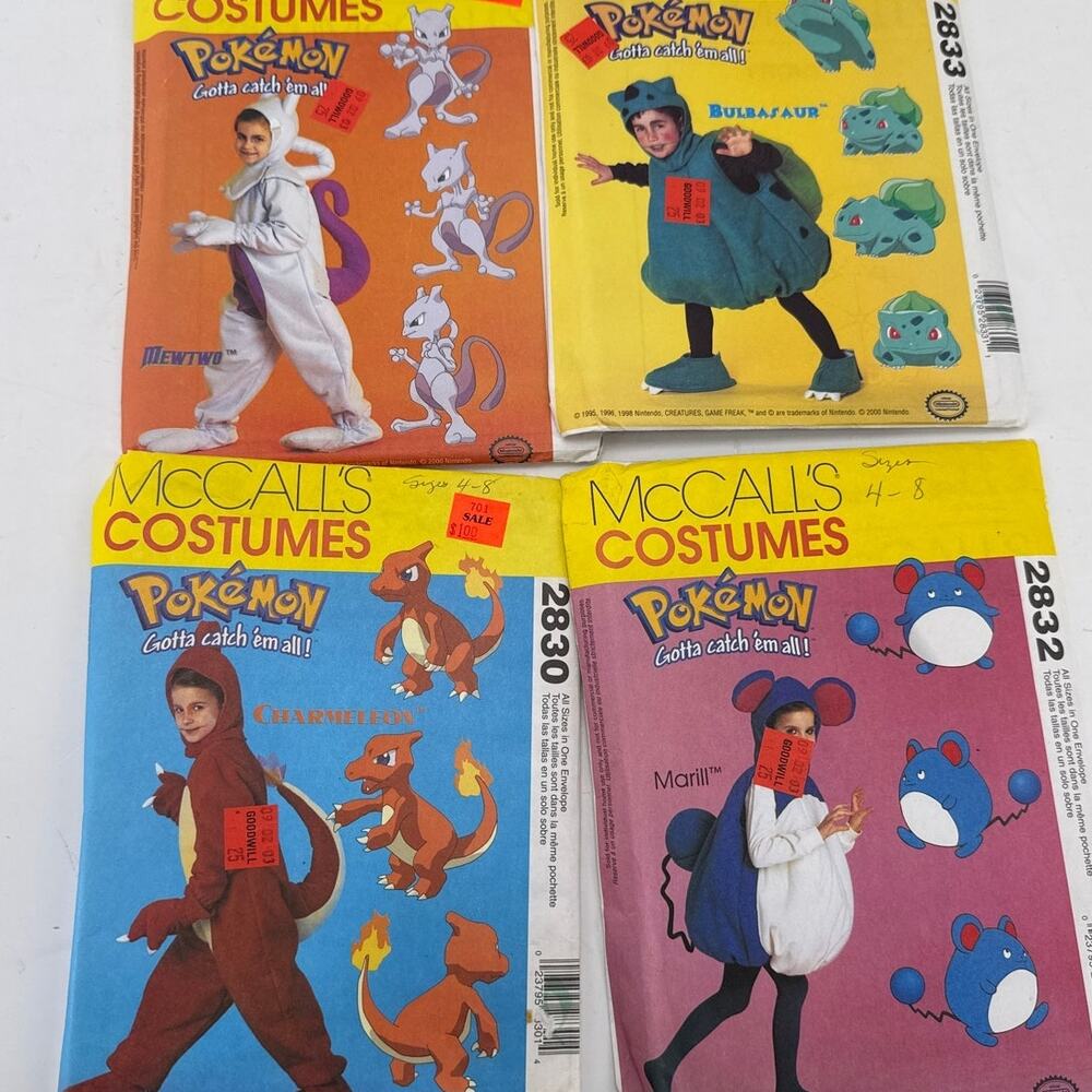 Vintge Pokemon Halloween Costume Patterns Uncut Y2K Mewtwo Marill Charmeleon